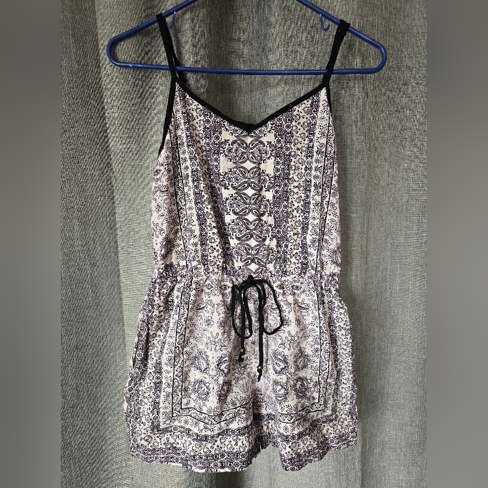 Angie Bohemian Spaghetti Strap Drawstring Waist Romper Black White Bandana Sz M